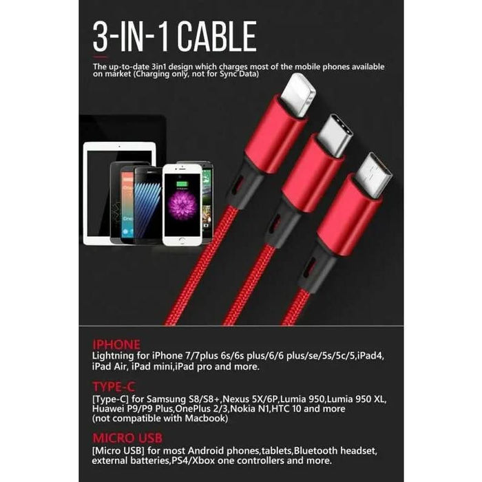 3 in 1 Multi USB Charger Charging Cable Cord For USB TYPE C Android Micro - Battery Mate