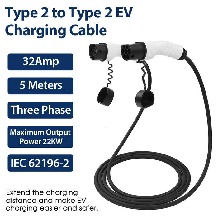 32A/3Phase 22kW 5Meter EV Power Type 2 to Type 2 Charging Cable with Storage Bag - Battery Mate