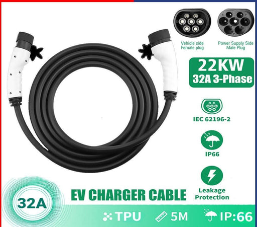 32A/3Phase 22kW 5Meter EV Power Type 2 to Type 2 Charging Cable with Storage Bag - Battery Mate