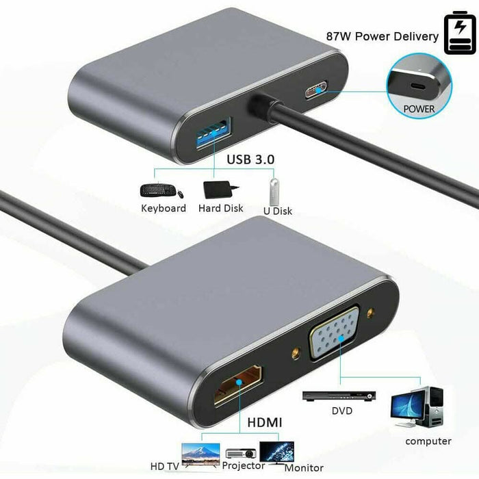 4 In 1 USB C Type-C To HDMI 4K VGA USB3.0 PD Video Adapter for MacBook/Phone - Battery Mate