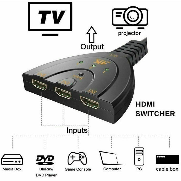 4K Ultra HD 3 Way HDMI Switch Box Splitter HDTV 1080P Auto 3 Port IN 1 OUT Cable - Battery Mate