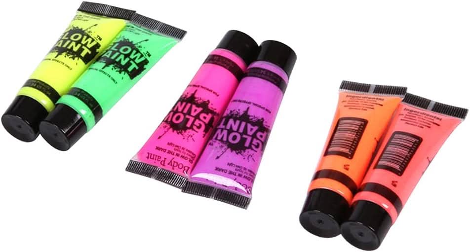 6 Tubes 25ml Art Body Paint Glow inLight Face & Body Paint with 6 Colors Glow Blacklight Neon Fluorescent for Party Clubbing Festival Halloween Makeup - Battery Mate