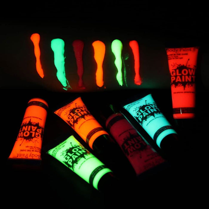 6 Tubes 25ml Art Body Paint Glow inLight Face & Body Paint with 6 Colors Glow Blacklight Neon Fluorescent for Party Clubbing Festival Halloween Makeup - Battery Mate
