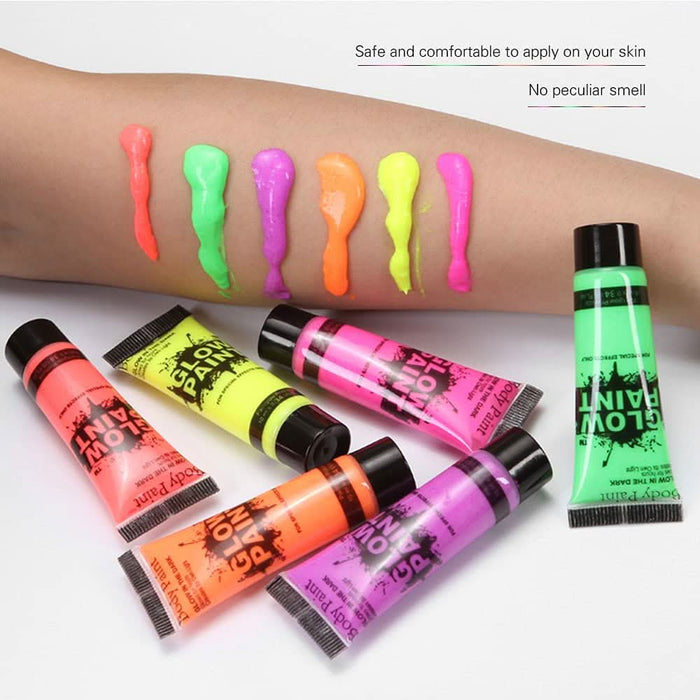 6 Tubes 25ml Art Body Paint Glow inLight Face & Body Paint with 6 Colors Glow Blacklight Neon Fluorescent for Party Clubbing Festival Halloween Makeup - Battery Mate