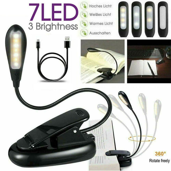 7 LED Reading Light USB Rechargeable Clip On Bed Book Reading Lamp Stand Light - Battery Mate