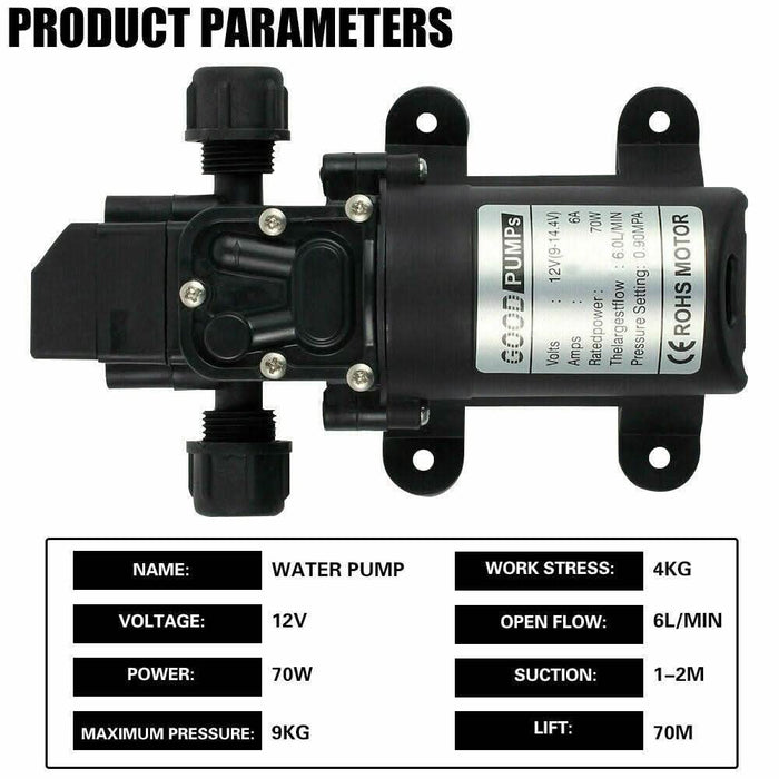 70W Water Pump 6L/Min 12V 130PSI High Pressure Self-Priming Caravan Camping Boat - Battery Mate