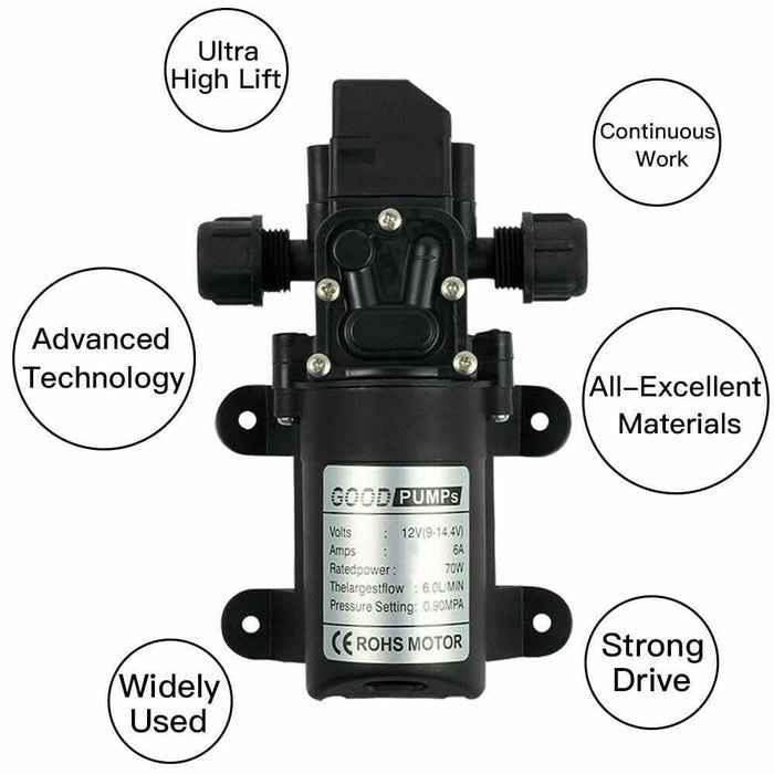 70W Water Pump 6L/Min 12V 130PSI High Pressure Self-Priming Caravan Camping Boat - Battery Mate