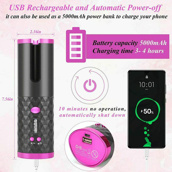 Auto Cordless Rotating Hair Curler Waver Curling Iron Wireless LCD Ceramic - Battery Mate