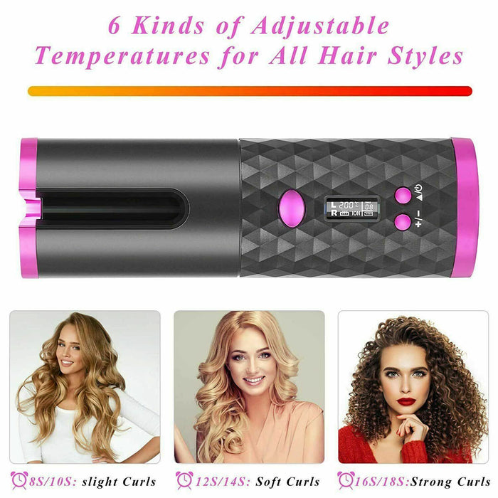 Auto Cordless Rotating Hair Curler Waver Curling Iron Wireless LCD Ceramic - Battery Mate