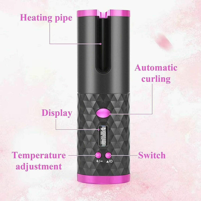 Auto Cordless Rotating Hair Curler Waver Curling Iron Wireless LCD Ceramic - Battery Mate