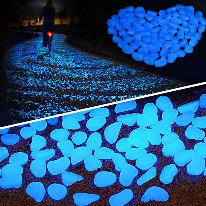 Blue Pebbles Stone Glow in the Dark Rock Fish Tank Stones Garden Road Deck (100 stones) - Battery Mate