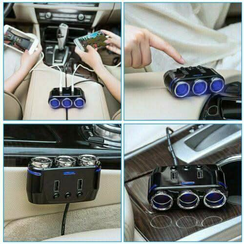 Cigarette Lighter Adapter 3x Multiple Ports + 2 USB Car Charger - Battery Mate