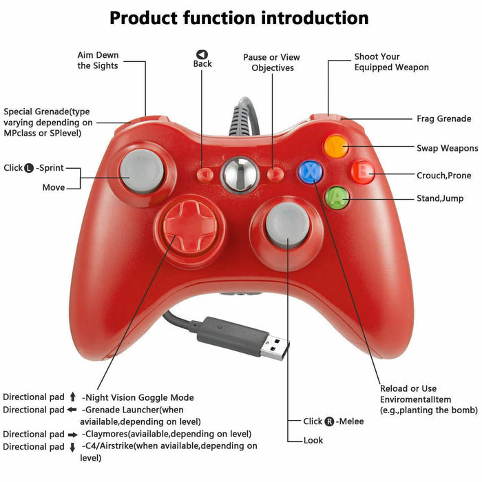 Controller For Microsoft Xbox 360 Console & Windows PC Compute Joystick Wired | Red - Battery Mate