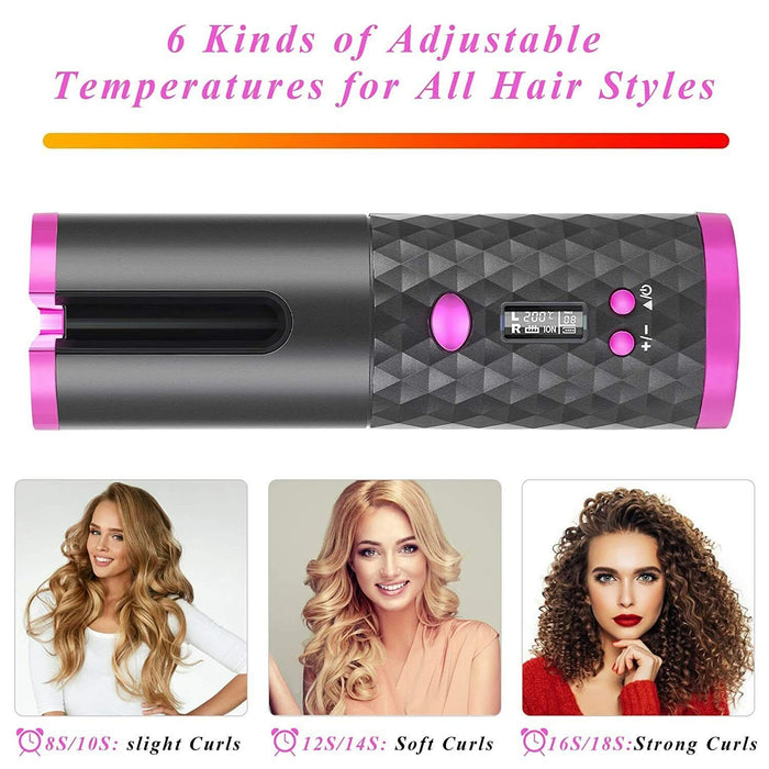 Cordless Automatic Hair Curler [Pink] - Battery Mate