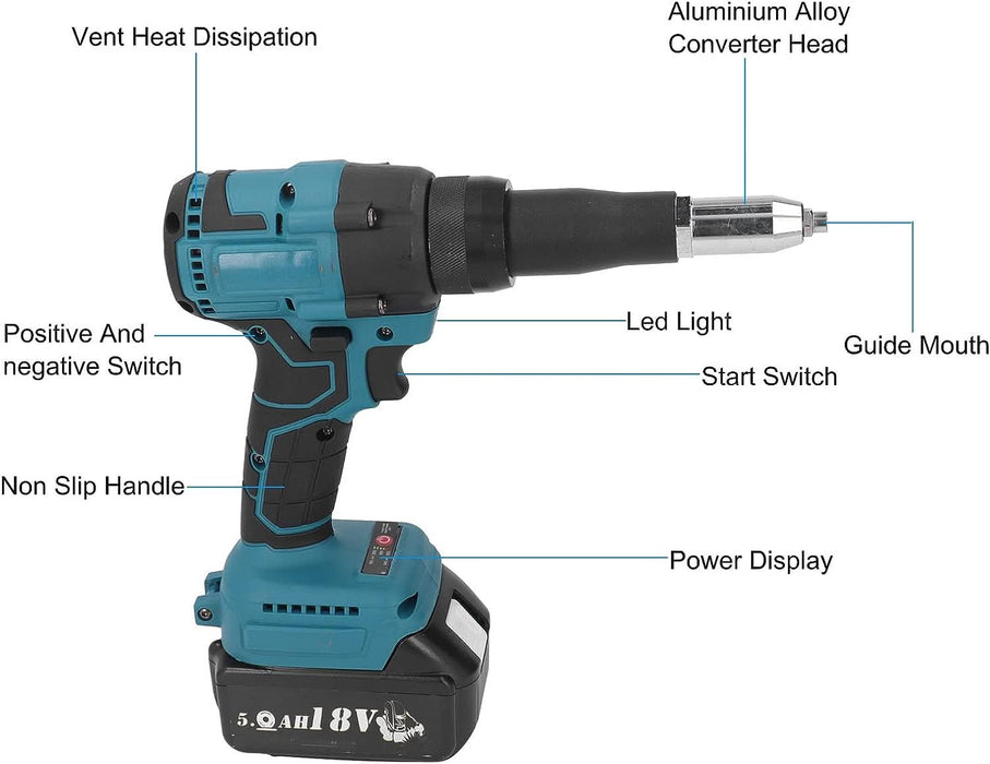 Cordless Rivet Gun 360W Heavy Duty Electric Rivet Gun Brushless Kit with Wrench for 0.1-0.2in Rivets & 18V Lithium Ion Battery - Battery Mate