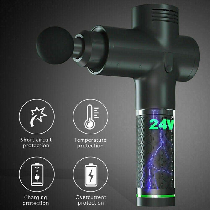 Cordless Strong Massage Gun LCD Deep Tissue Percussion Massager Muscle + 6 Heads - Battery Mate