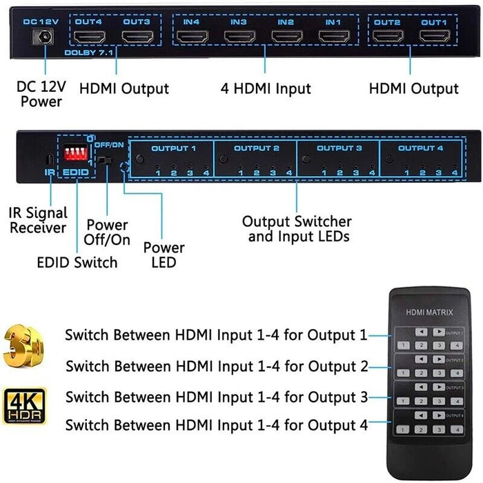 HDMI Matrix Switch 4x4 4K HDMI Matrix Switcher Splitter 4 In 4 Out Box Extractor - Battery Mate