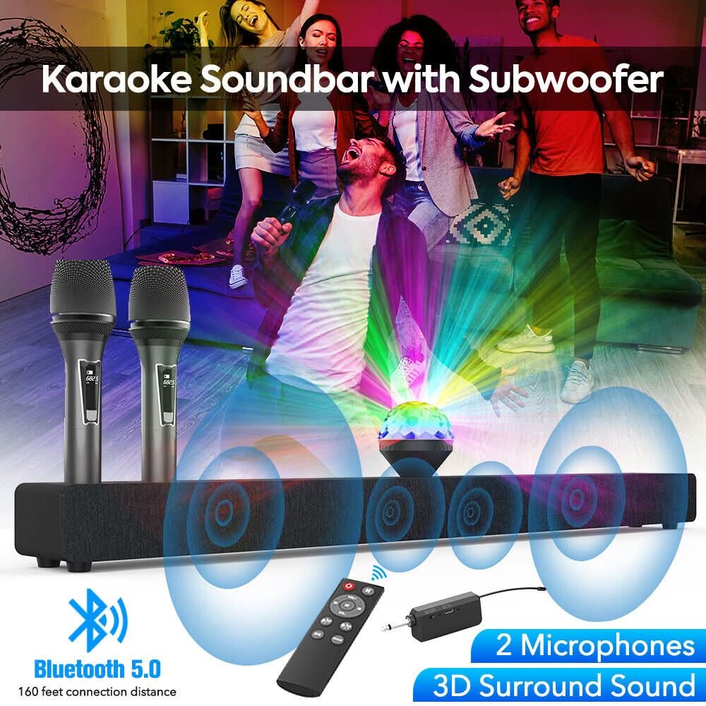 Karaoke Soundbar Bluetooth Speaker Subwoofer Surround w/ 2 Wireless Mi — Battery Mate