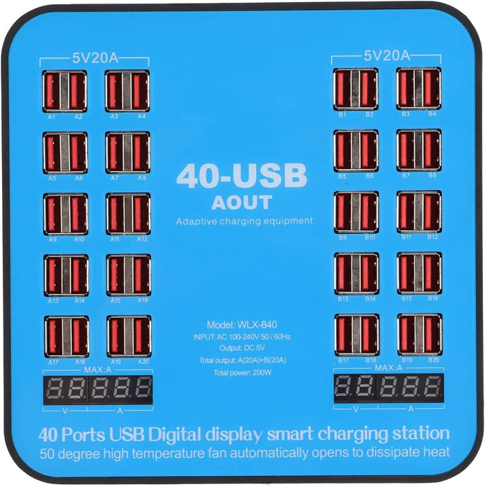 Multiport Charging Station, 200W Universal 40 Ports USB Charger for Current and Voltage LCD Digital Display, Organizer Stand - Battery Mate