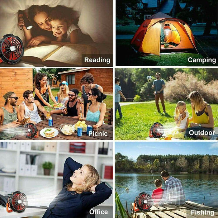 Portable Camping Fan LED Light Rechargeable Outdoor Tent Lantern w/ Hook Remote - Battery Mate