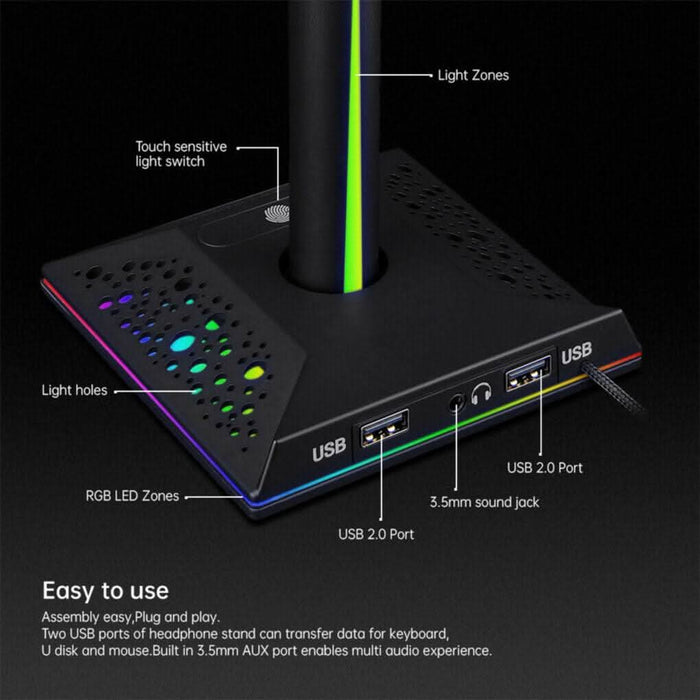 RGB Earphone Gaming Headset Holder Hanger Headphone Stand with 3.5mm 2 USB Ports - Battery Mate