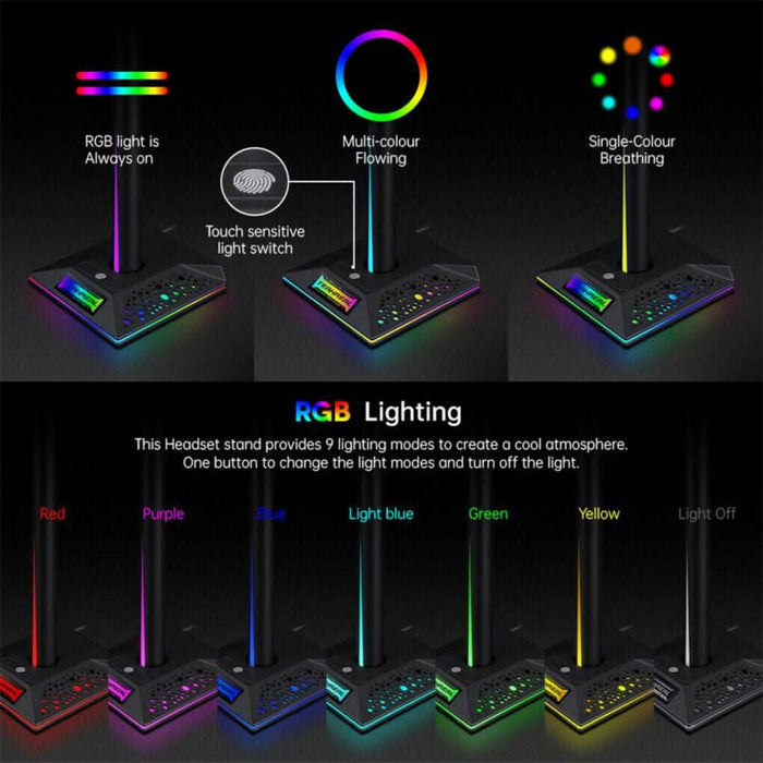 RGB Earphone Gaming Headset Holder Hanger Headphone Stand with 3.5mm 2 USB Ports - Battery Mate