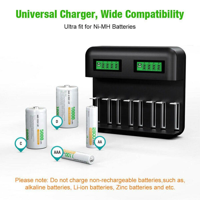 Smart Battery Charger 8 Slots LCD Display For AA/AAA/C/D Rechargeable Batteries - Battery Mate