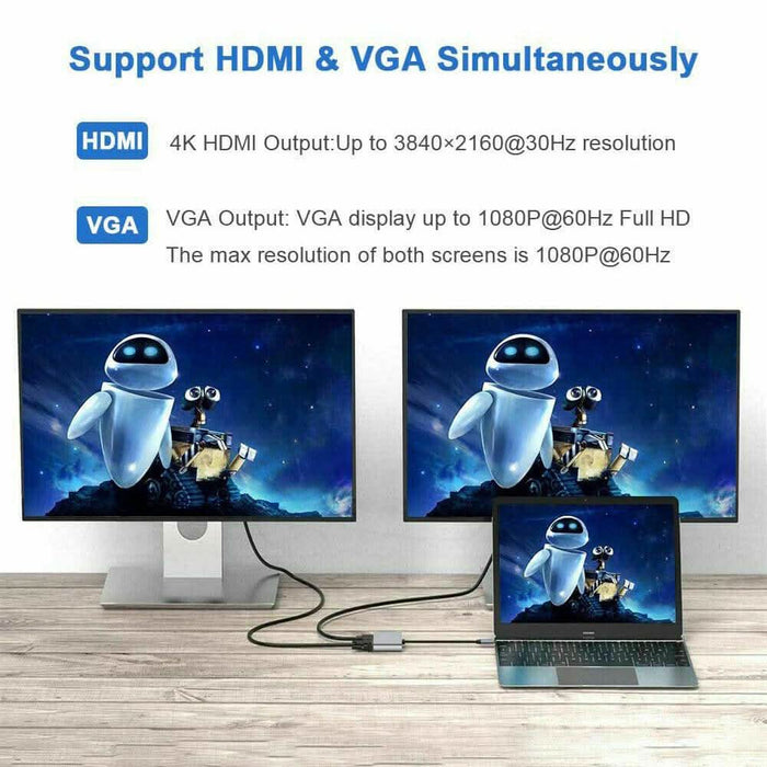 USB C to 4K HDMI VGA Multiport Adapter 4-in-1 Hub USB 3.0 Charging Power PD Port - Battery Mate