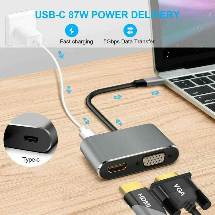 USB C to 4K HDMI VGA Multiport Adapter 4-in-1 Hub USB 3.0 Charging Power PD Port - Battery Mate