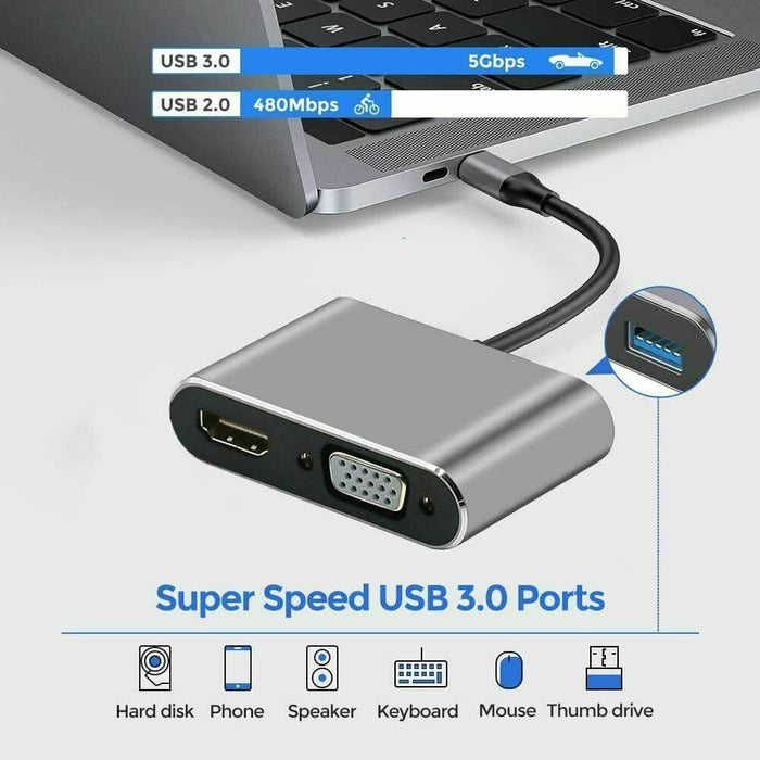 USB C to 4K HDMI VGA Multiport Adapter 4-in-1 Hub USB 3.0 Charging Power PD Port - Battery Mate