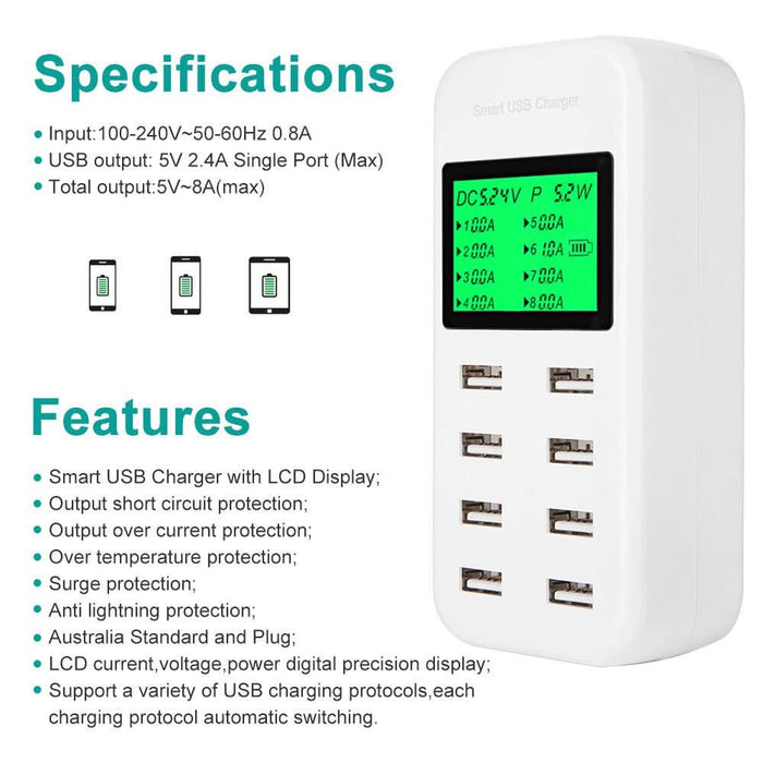 USB Hub Charging Station 8 port Phone Charger Multi Dock Charger Power Adapter - Battery Mate