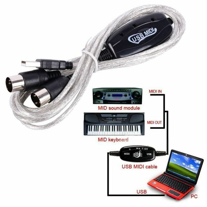 USB IN-OUT MIDI Interface Cable Converter PC to Music Keyboard Adapter Cord - Battery Mate