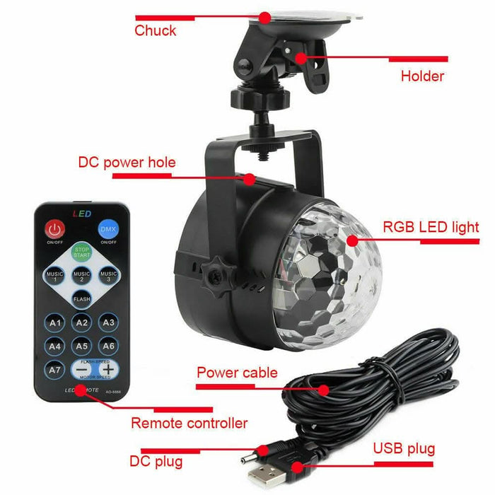 USB LED Disco Lights RGB Ball Party Strobe Effect Lamp Remote Sound Activated - Battery Mate